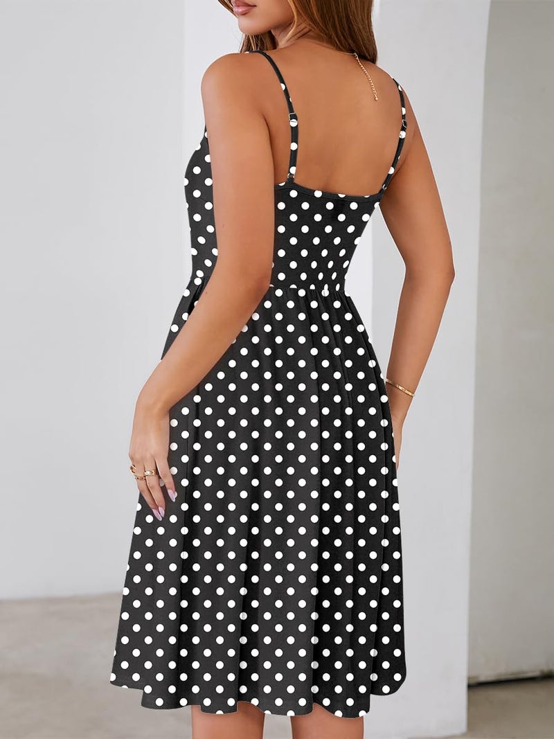 YATHON Casual Dresses for Women Sleeveless Cotton Summer Beach Dress A Line Spaghetti Strap Sundresses with Pockets (XL, YT090-Black Dot) - Image 2